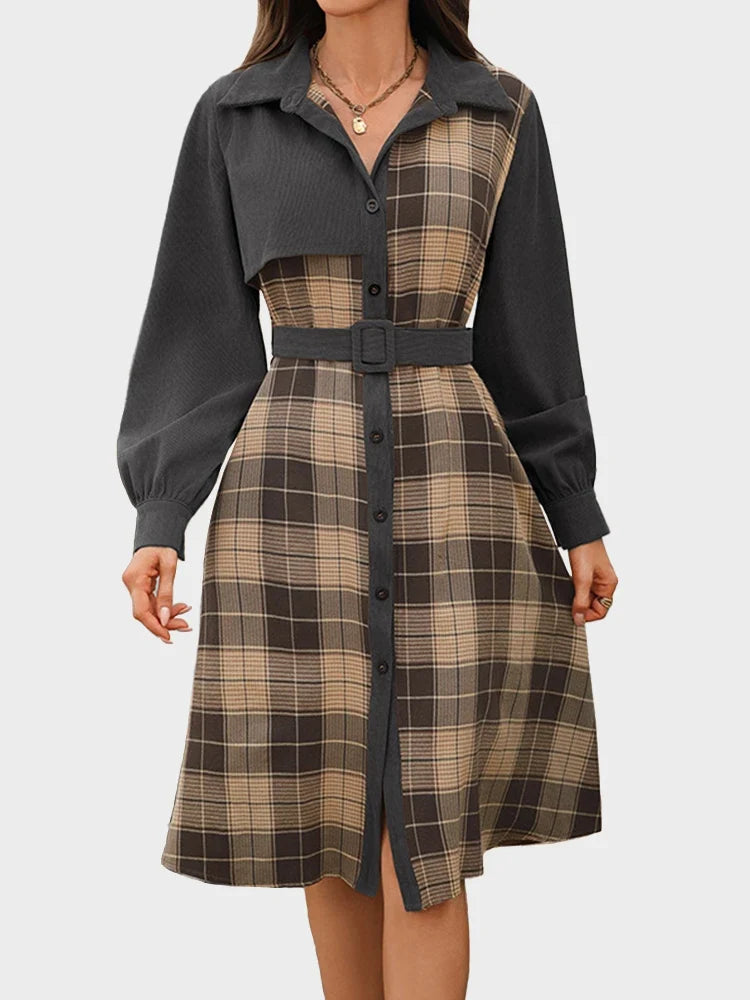 Vintage Plaid Patchwork Dress with Shirt Collar – Casual Office Style