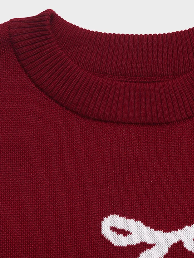 Women's Red Christmas Sweet Round Neck Bow Sweater