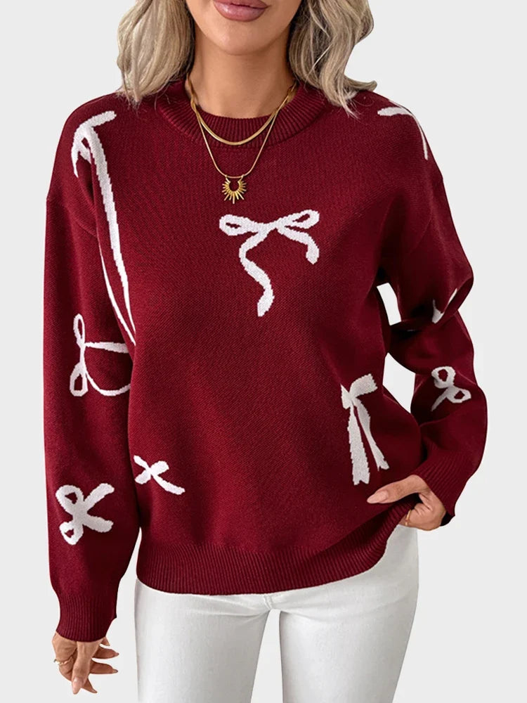 Women's Red Christmas Sweet Round Neck Bow Sweater