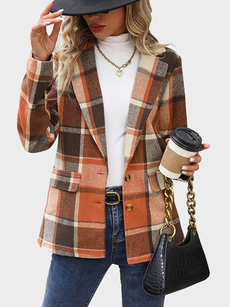 Women’s Plaid Classic Lapel Collar Double Breasted Open Front Blazer