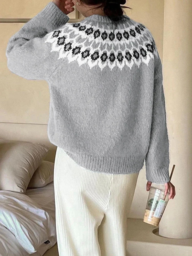 Women's ethnic style long-sleeved round neck Fair Isle sweater