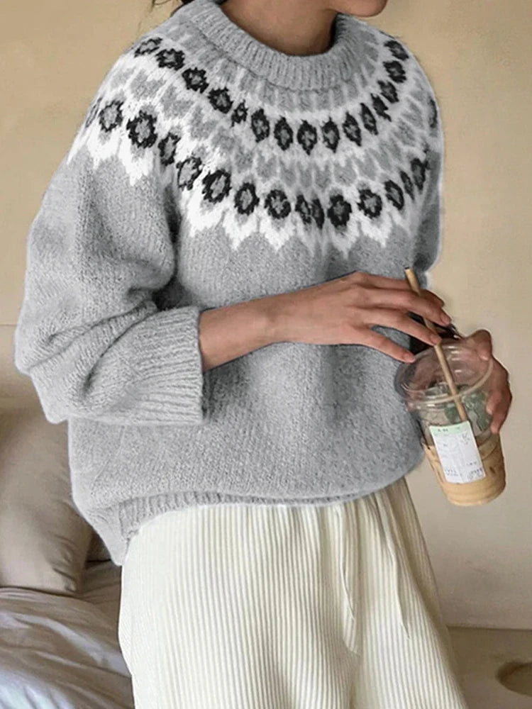 Women's ethnic style long-sleeved round neck Fair Isle sweater