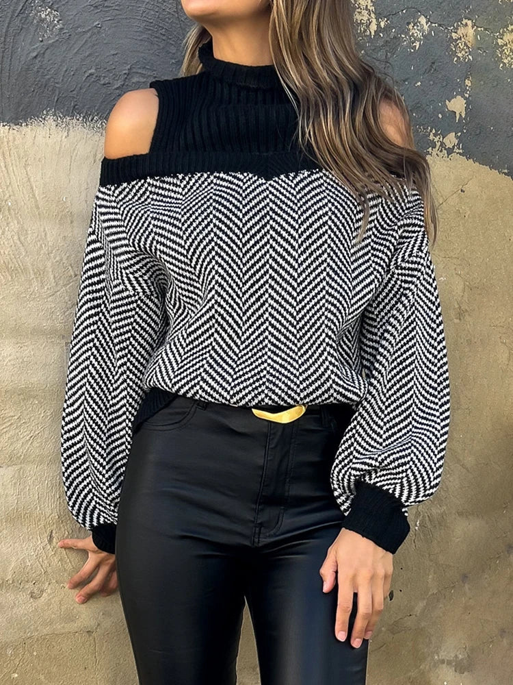 Women's Striped Cold Shoulder Oversized Sweaters