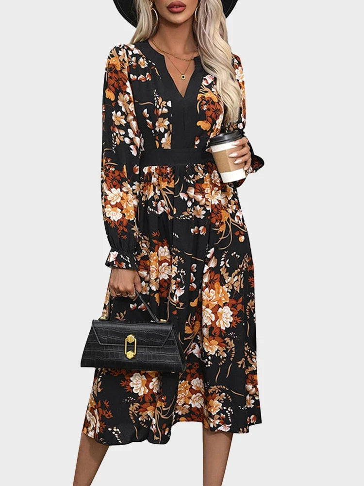 Womens Fall Trendy A-Line V Neck Floral Midi Dress