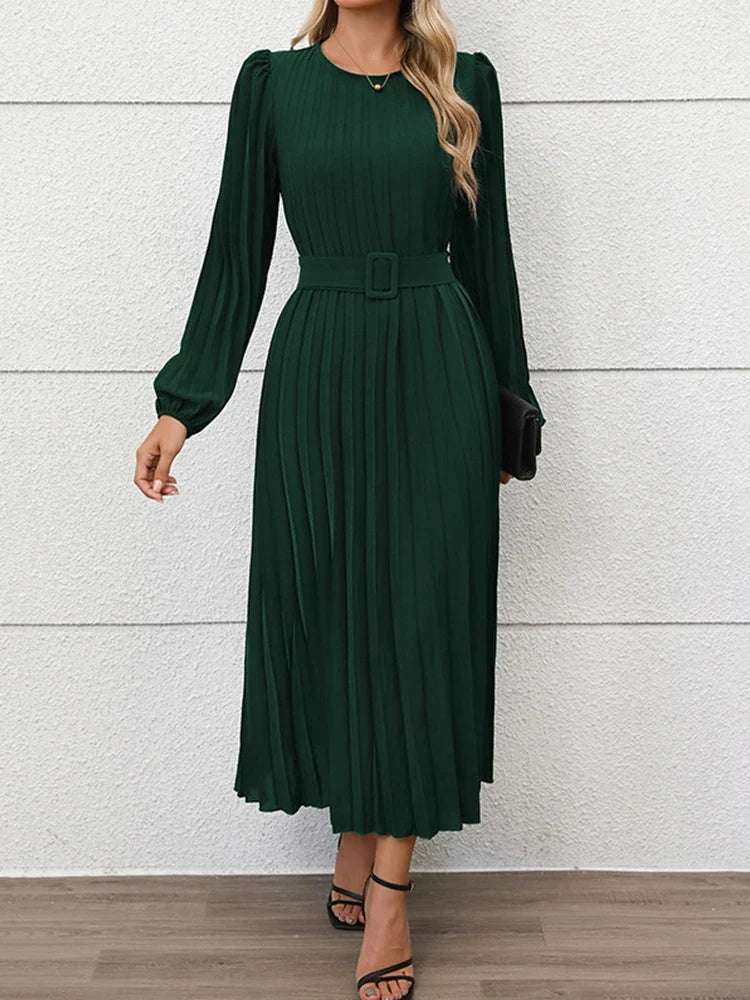 Womens Pleated A Line Flowy Long Sleeve Fall Dress
