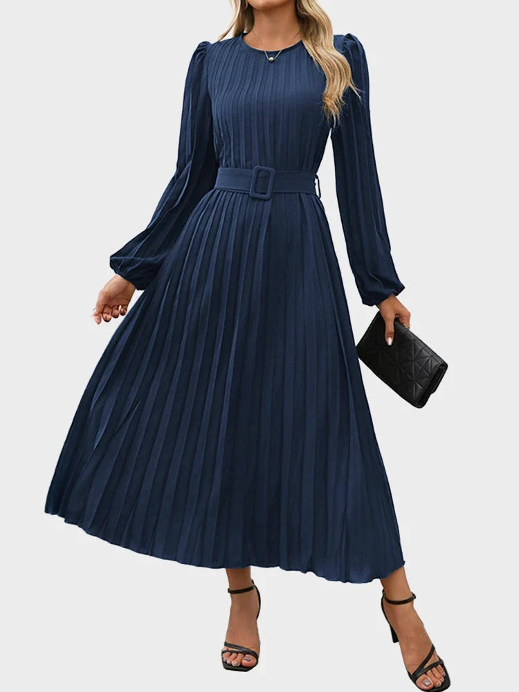 Womens Pleated A Line Flowy Long Sleeve Fall Dress