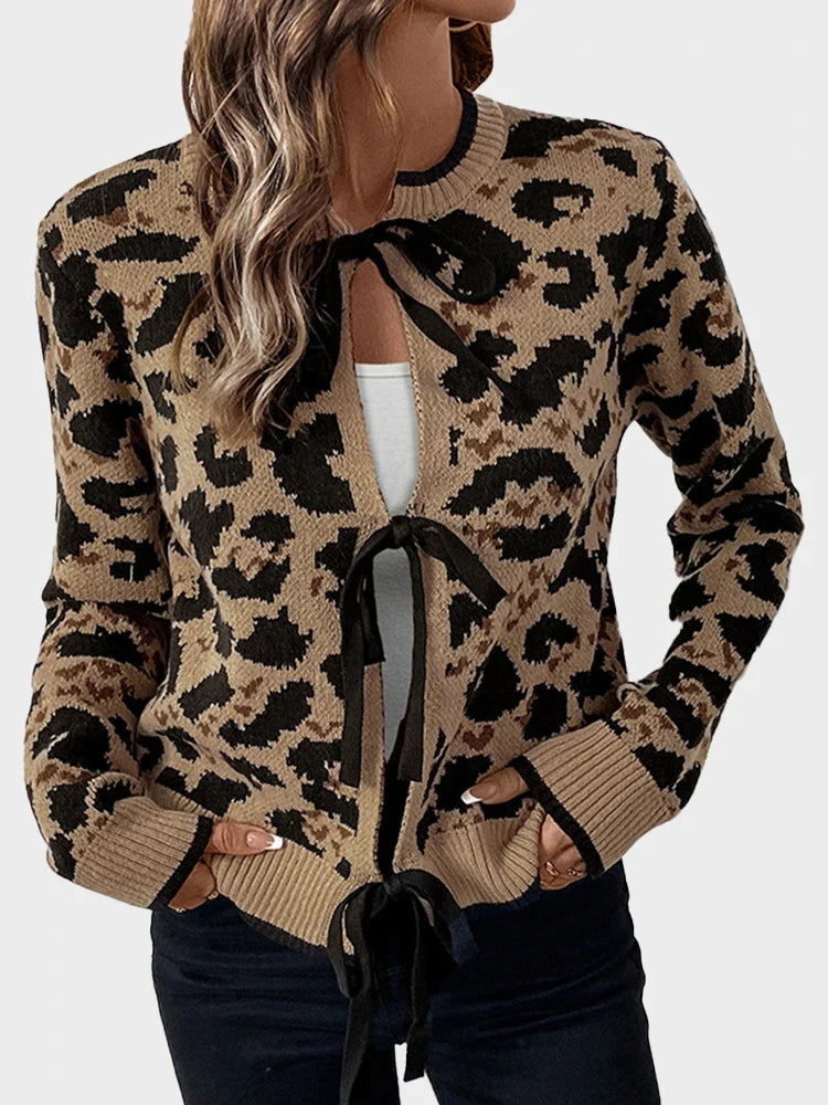 Women Leopard Print Bow Tie Cardigan