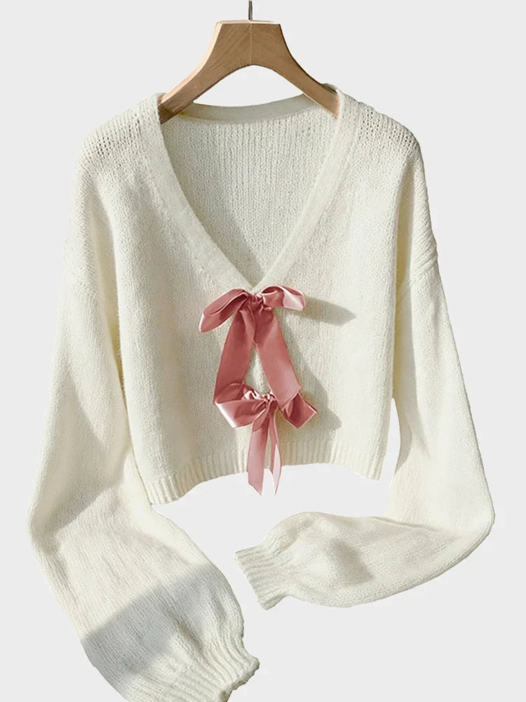 Womens Bow Tie Sweater V Neck Cardigan Sweaters