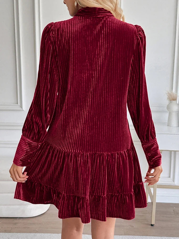 Women's Velvet Bow Tie Neck Long Sleeve Ruffle A-Line Mini Dress