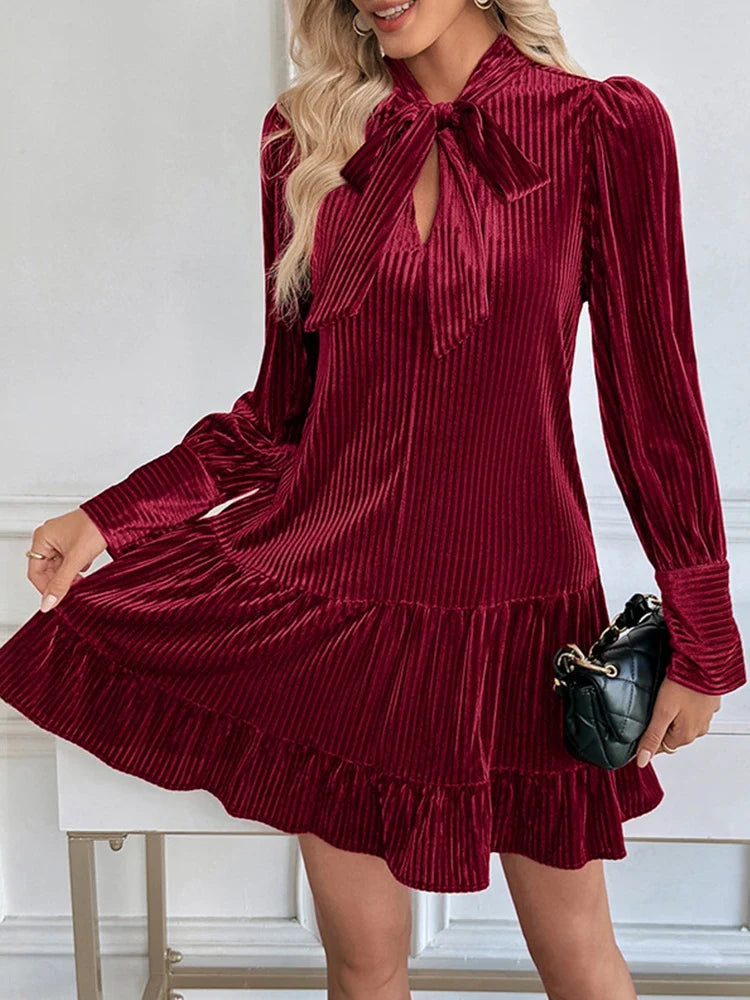 Women's Velvet Bow Tie Neck Long Sleeve Ruffle A-Line Mini Dress