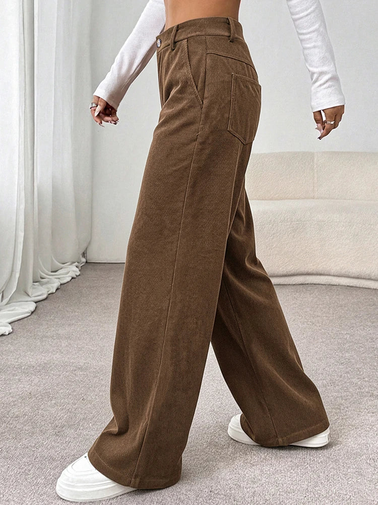 Womens Corduroy Pants Wide Leg High Waist Loose Trousers with Pockets