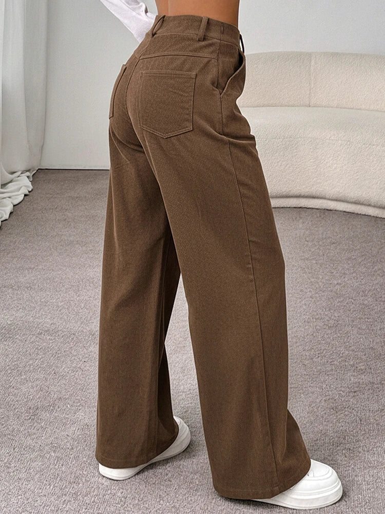 Womens Corduroy Pants Wide Leg High Waist Loose Trousers with Pockets