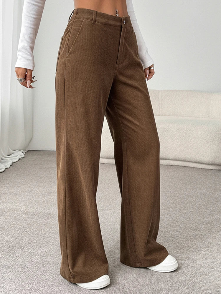 Womens Corduroy Pants Wide Leg High Waist Loose Trousers with Pockets