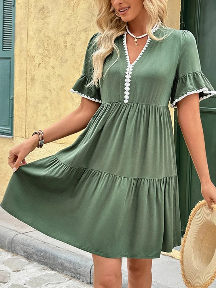 Womens Resort V Neck Short Sleeve Lace Ruffle  Mini Dress