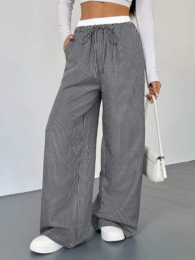 Women's Striped High Waist Wide Leg Pants Loose Color Block Straight Leg Suit Trousers