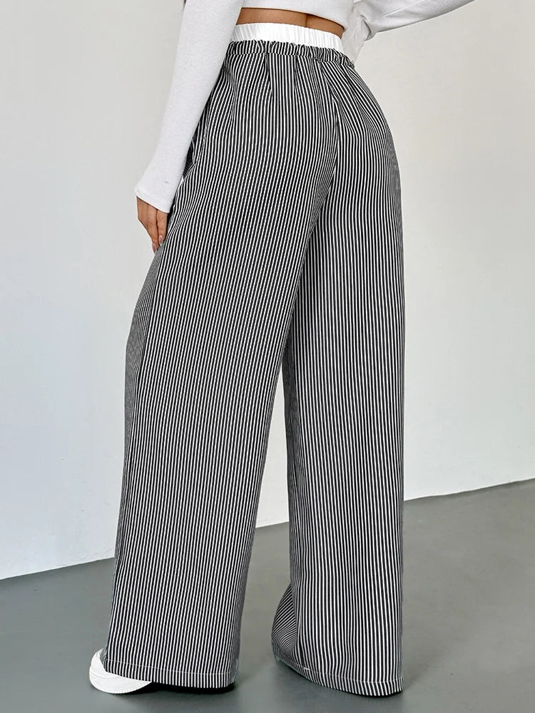 Women's Striped High Waist Wide Leg Pants Loose Color Block Straight Leg Suit Trousers