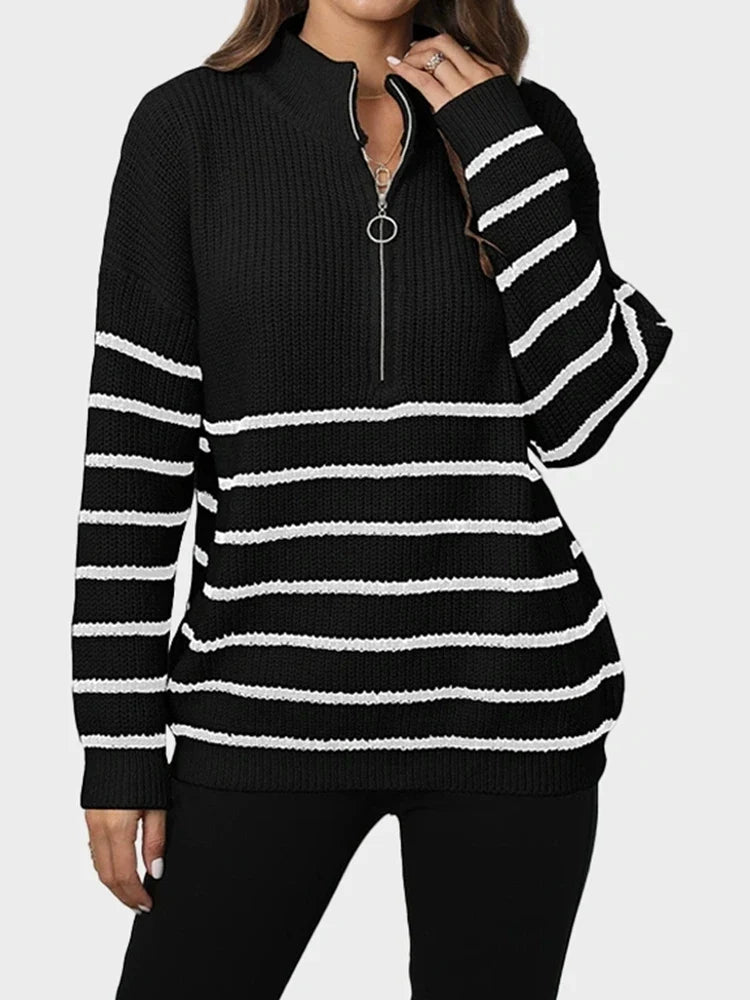 Women's Quarter Zip Striped Oversized Sweater 2025 Mock Turtleneck Fall Fashion Outfit