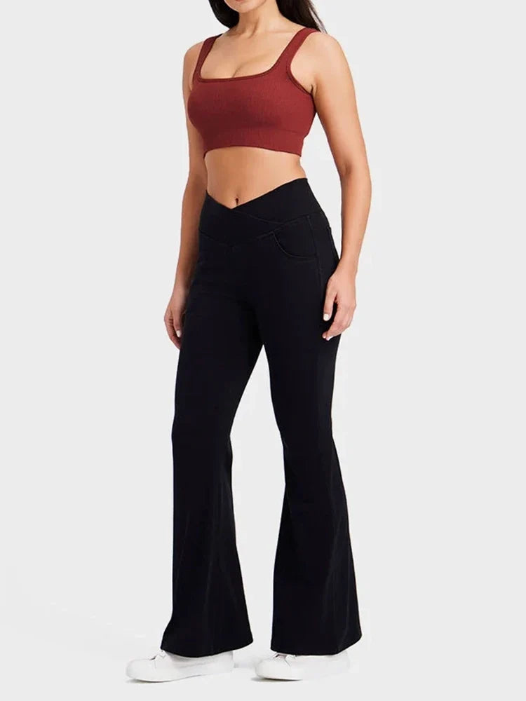 Crossover High Waisted Bell Bottom Jeans Yoga Pants Stretchy Flare Leggings With Pockets