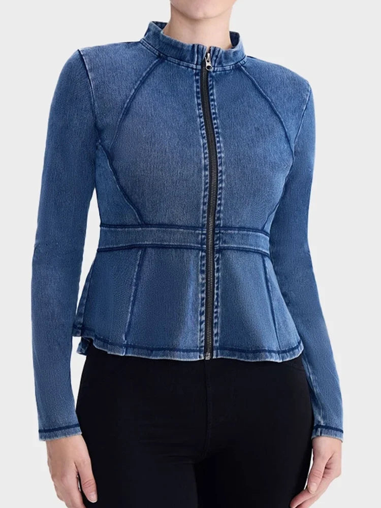 Slim Fit High-Neck Denim Zip-Up Yoga Jacket with Double Pockets