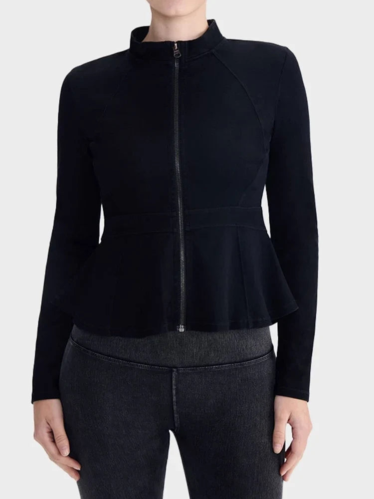 Slim Fit High-Neck Denim Zip-Up Yoga Jacket with Double Pockets
