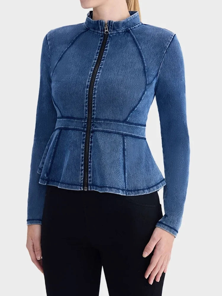 Slim Fit High-Neck Denim Zip-Up Yoga Jacket with Double Pockets