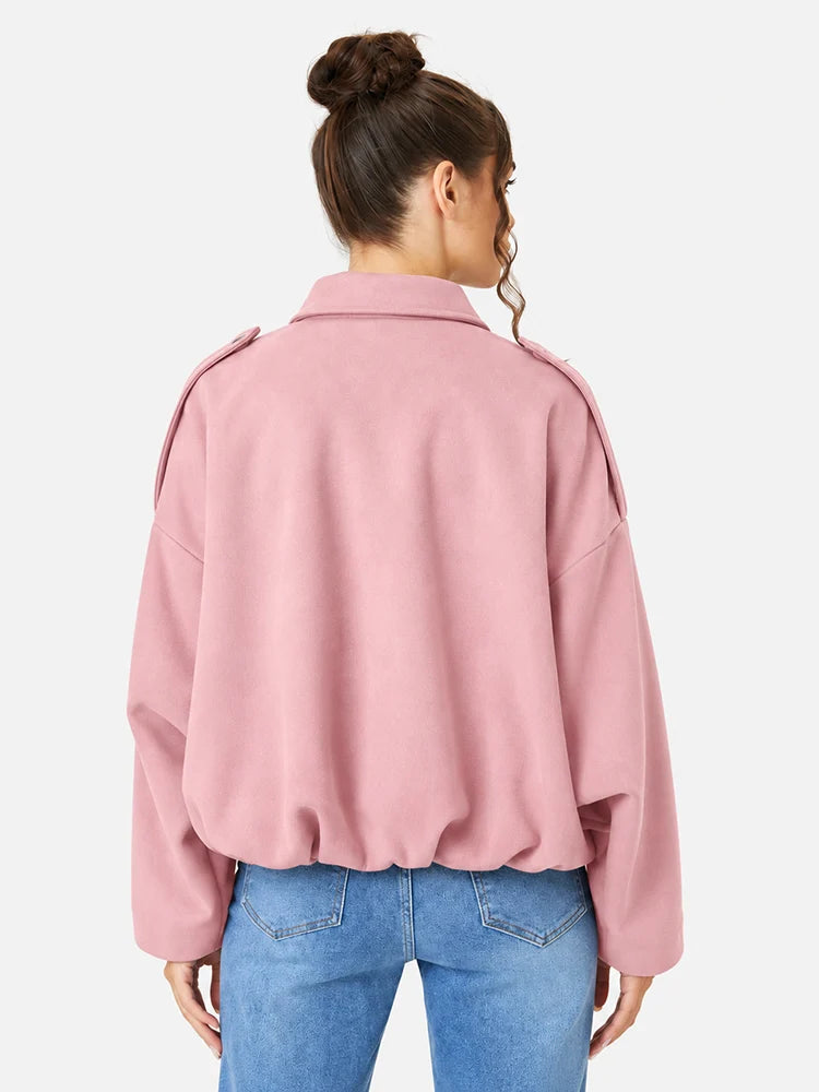 Women's Vintage Collared Zip Up Jacket Oversized Casual Outerwear