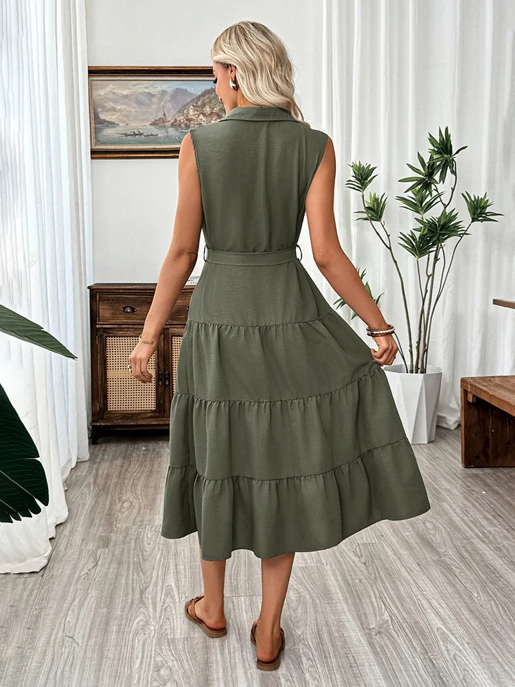 Women's Sleeveless Shirt Collar Belted Shirt Dress