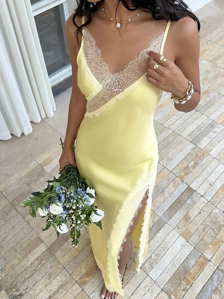 Women’s Backless Lace Trim Satin Maxi Dress