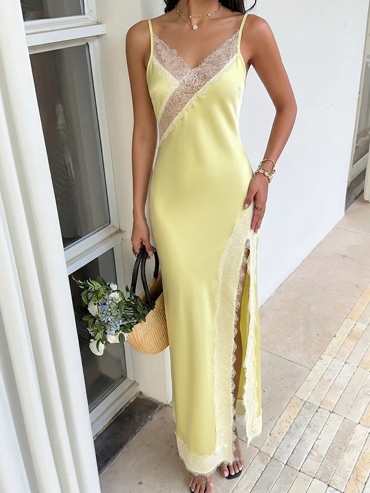Women’s Backless Lace Trim Satin Maxi Dress