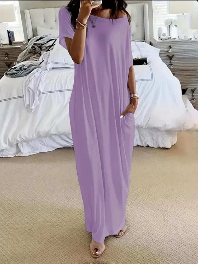 Women Batwing Sleeve Lounge Dress – Relaxed Sleep Dress with Pockets