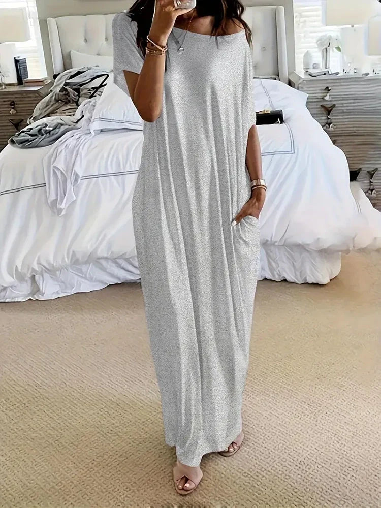 Women Batwing Sleeve Lounge Dress – Relaxed Sleep Dress with Pockets