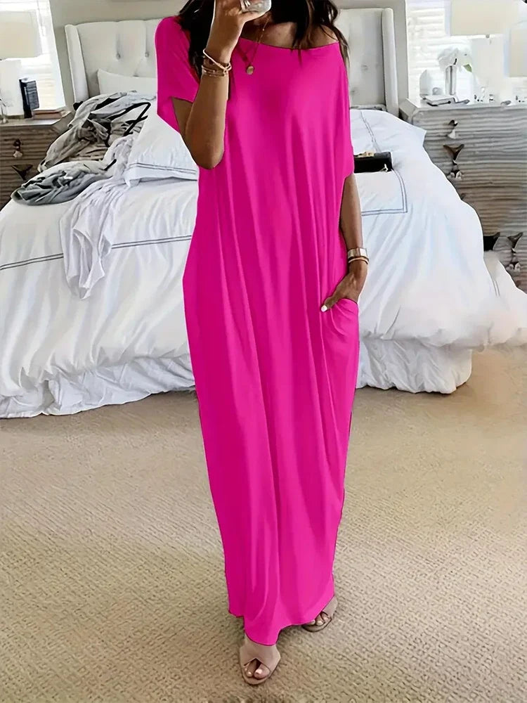 Women Batwing Sleeve Lounge Dress – Relaxed Sleep Dress with Pockets