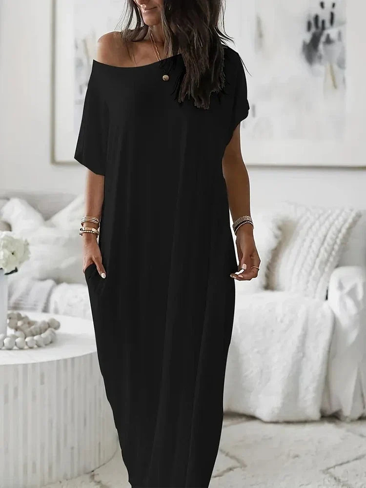 Women Batwing Sleeve Lounge Dress – Relaxed Sleep Dress with Pockets