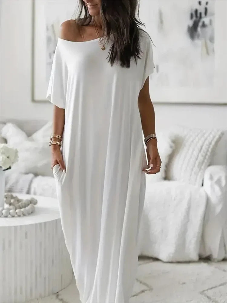 Women Batwing Sleeve Lounge Dress – Relaxed Sleep Dress with Pockets