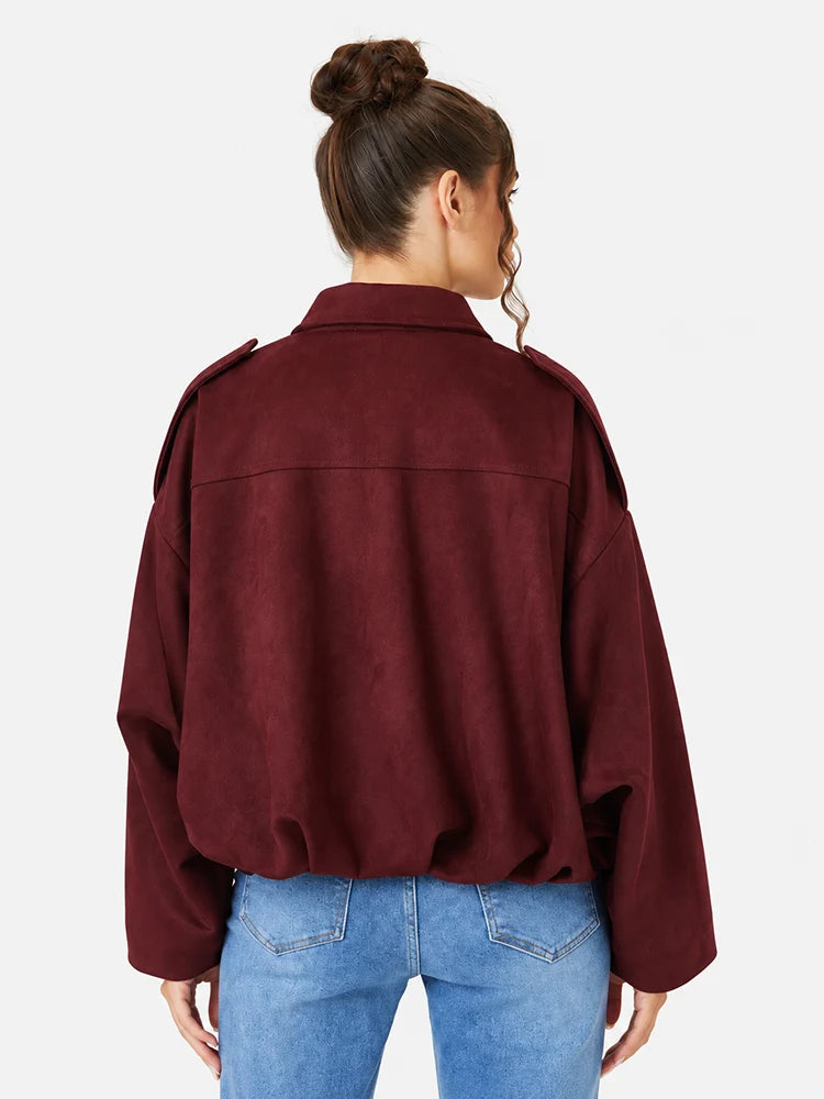 Women's Vintage Collared Zip Up Jacket Oversized Casual Outerwear