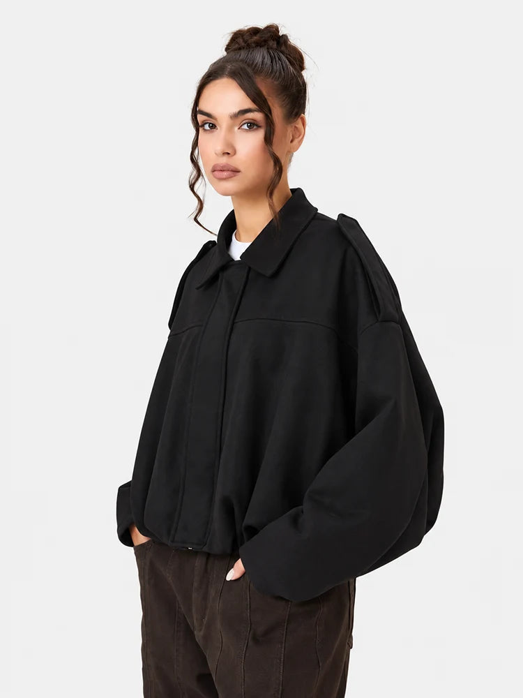 Women's Vintage Collared Zip Up Jacket Oversized Casual Outerwear