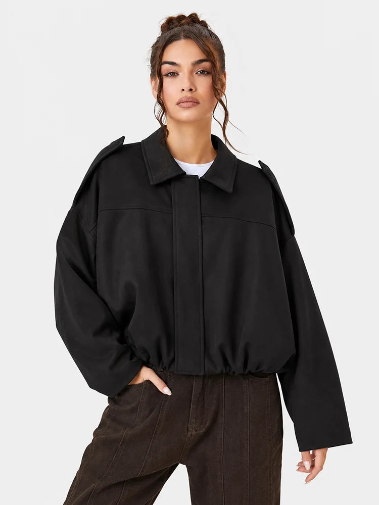 Women's Vintage Collared Zip Up Jacket Oversized Casual Outerwear