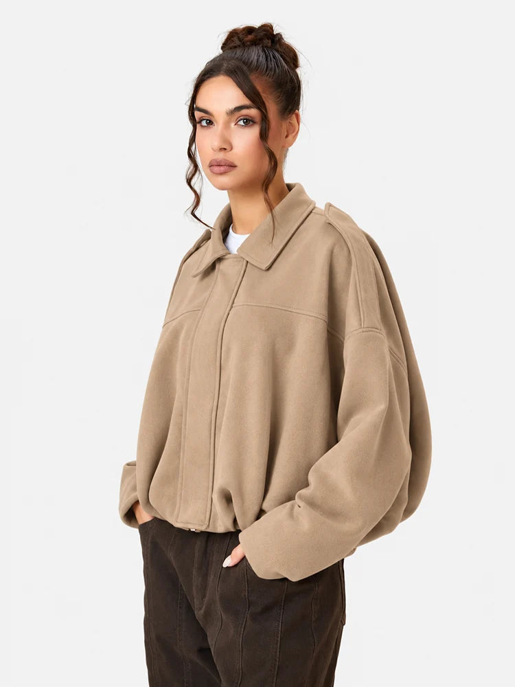 Women's Vintage Collared Zip Up Jacket Oversized Casual Outerwear