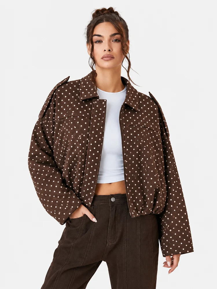Women's Vintage Collared Zip Up Jacket Oversized Casual Outerwear