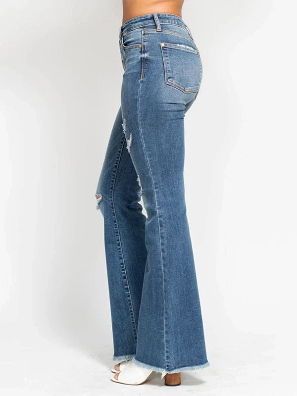 Judy Blue High Waist Button Fly Flare Jeans with Distressed Frayed Hem