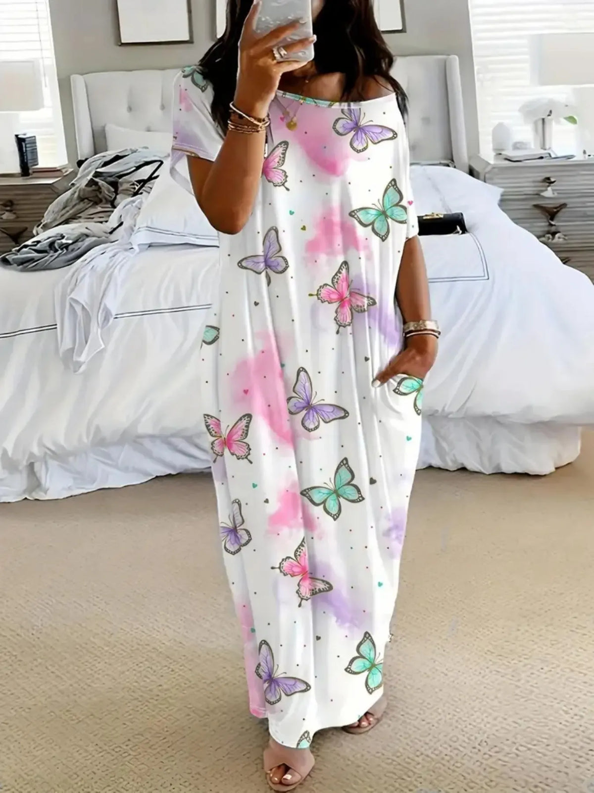 Women Batwing Sleeve Lounge Dress – Relaxed Sleep Dress with Pockets