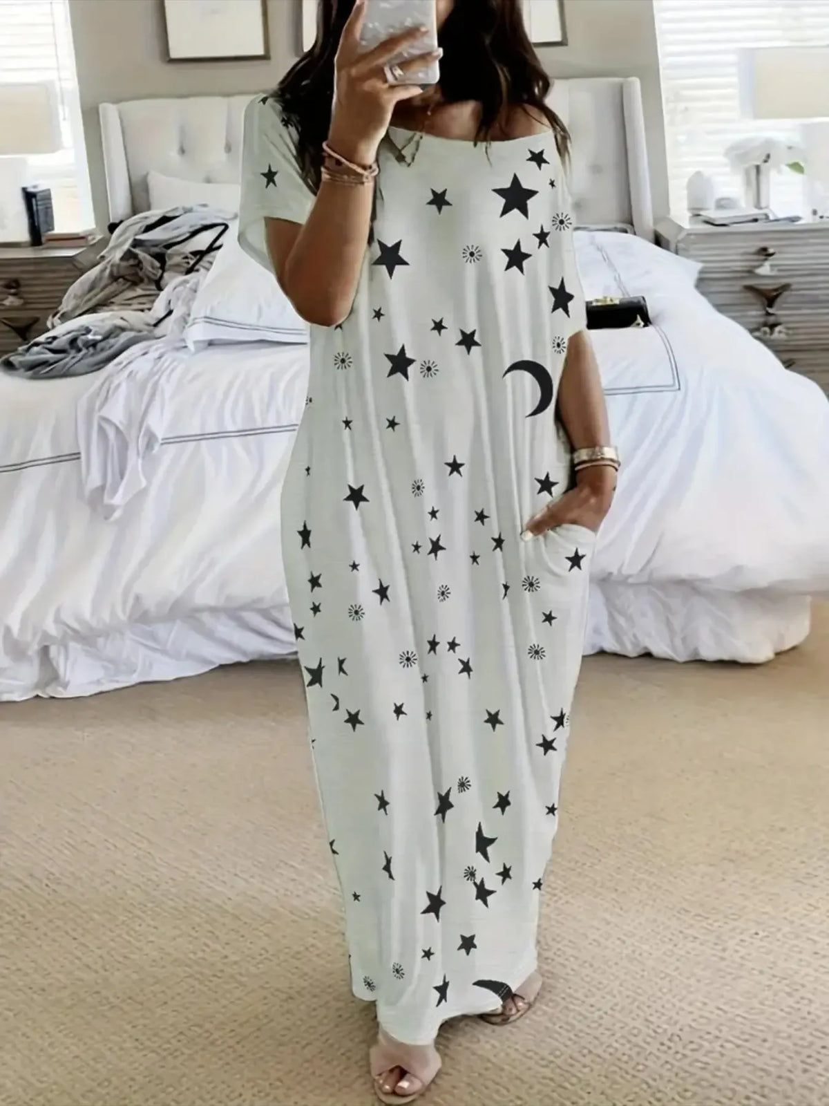 Women Batwing Sleeve Lounge Dress – Relaxed Sleep Dress with Pockets