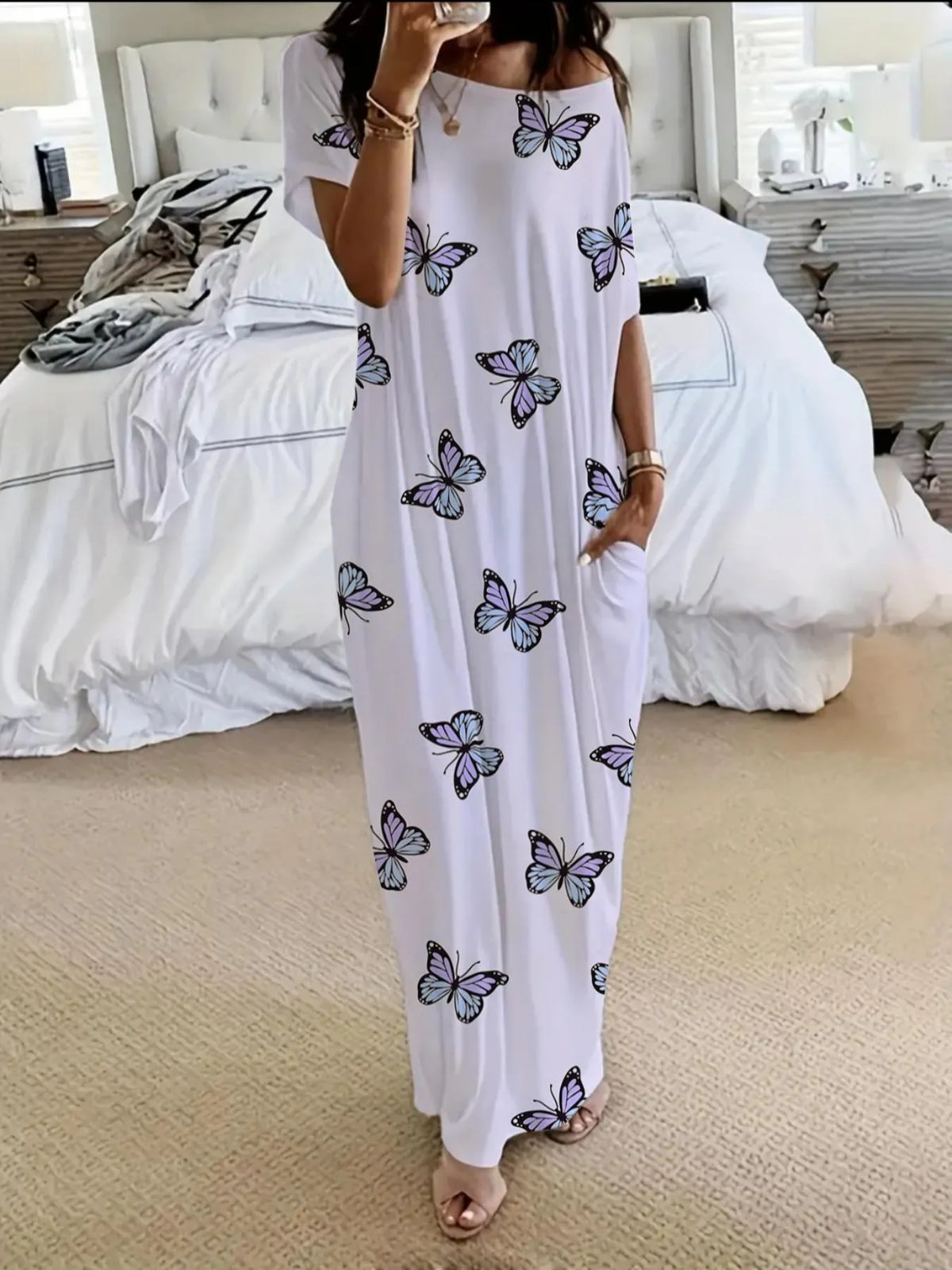 Women Batwing Sleeve Lounge Dress – Relaxed Sleep Dress with Pockets