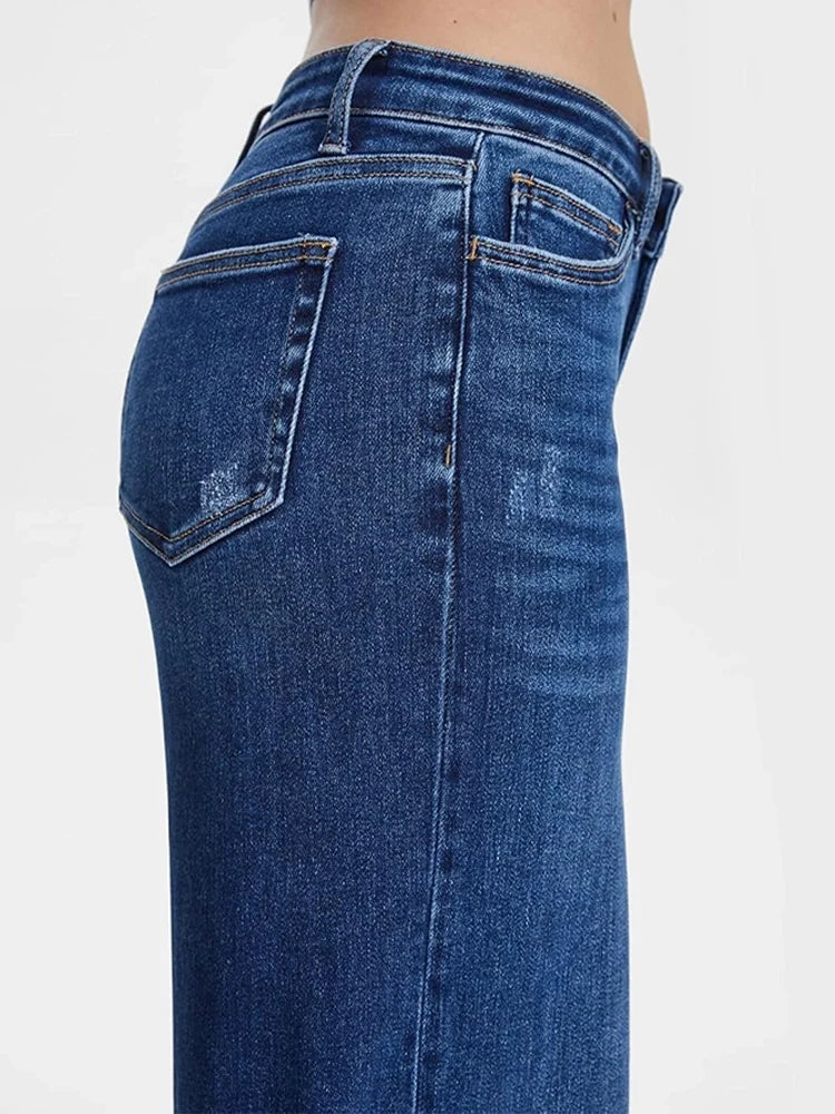 Mid Low Rise Baggy Stretchy Wide Leg Distressed Jeans