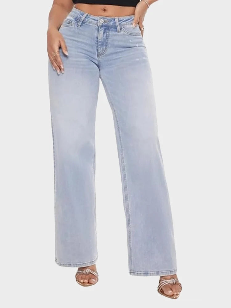 Mid Low Rise Baggy Stretchy Wide Leg Distressed Jeans