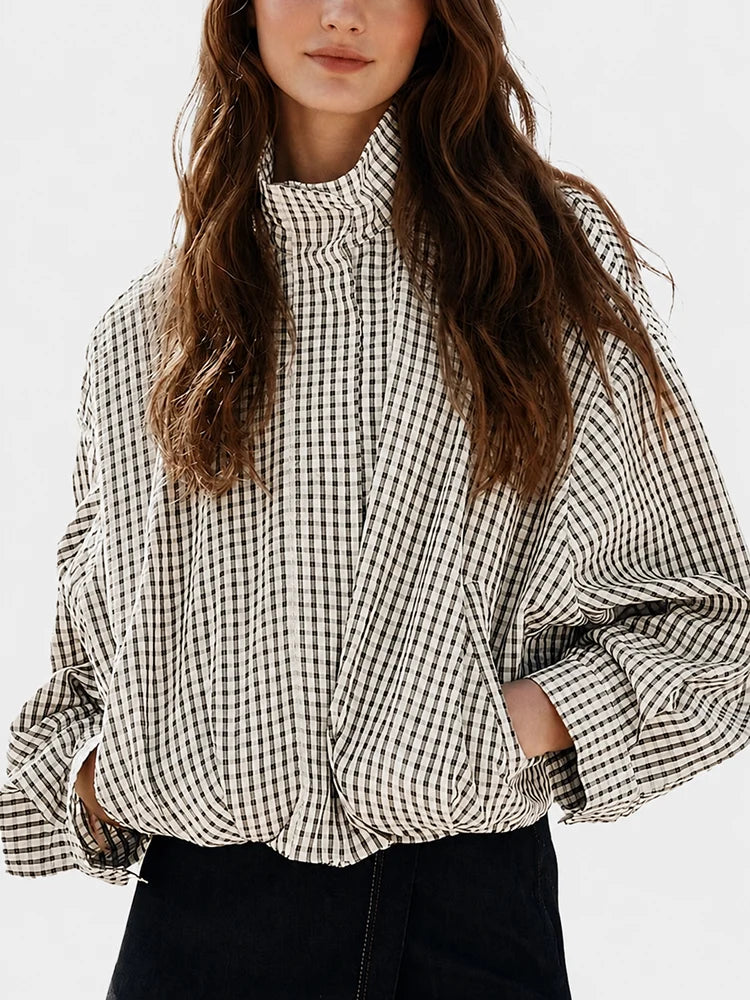 Gingham Cropped Zip-Up Jacket
