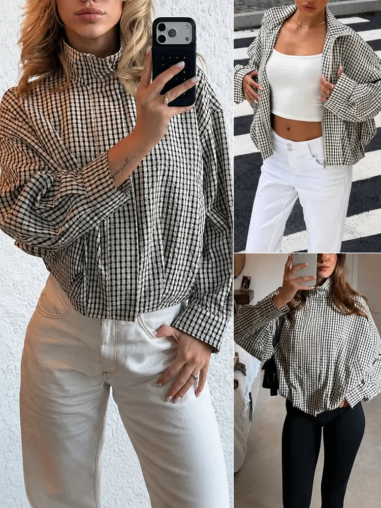 Gingham Cropped Zip-Up Jacket
