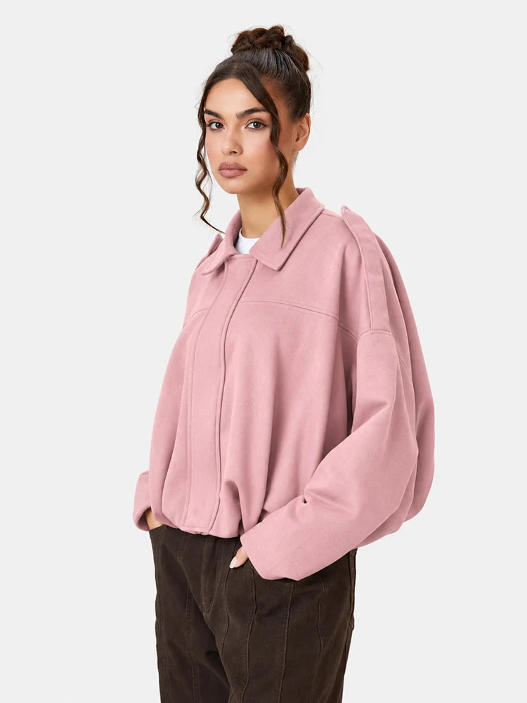 Women's Vintage Collared Zip Up Jacket Oversized Casual Outerwear